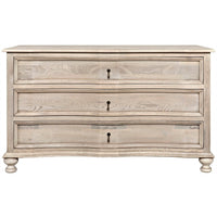 Vintage gray solid elm 3-drawer chest with curved front, natural wood grain, and dark metal hardware.