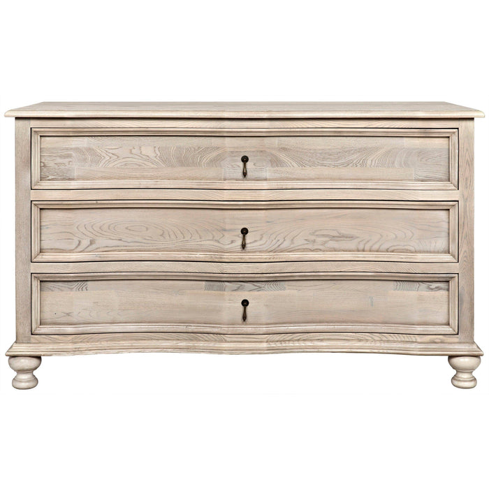 Vintage gray solid elm 3-drawer chest with curved front, natural wood grain, and dark metal hardware.