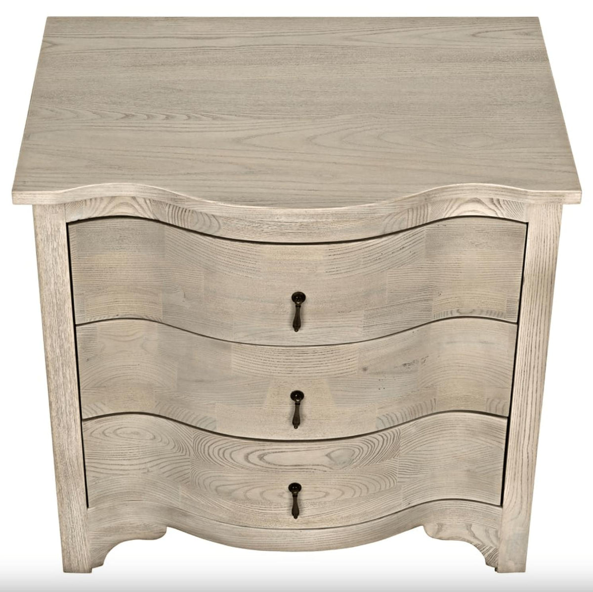 Vintage grey elm side table with curved front and three subtly curved drawers.