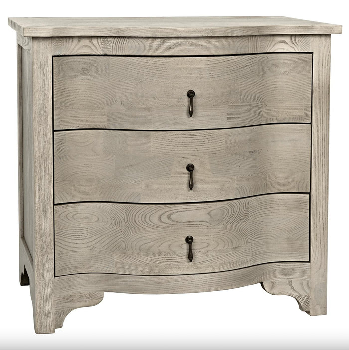 Vintage grey elm side table with three curved drawers and dark metal pulls.