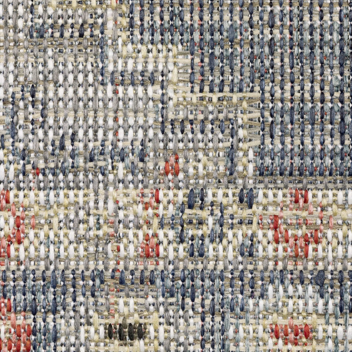 Close-up of Cyprus Blue & Multi Outdoor Rug, showing woven polypropylene with blue, grey, red, and cream threads.