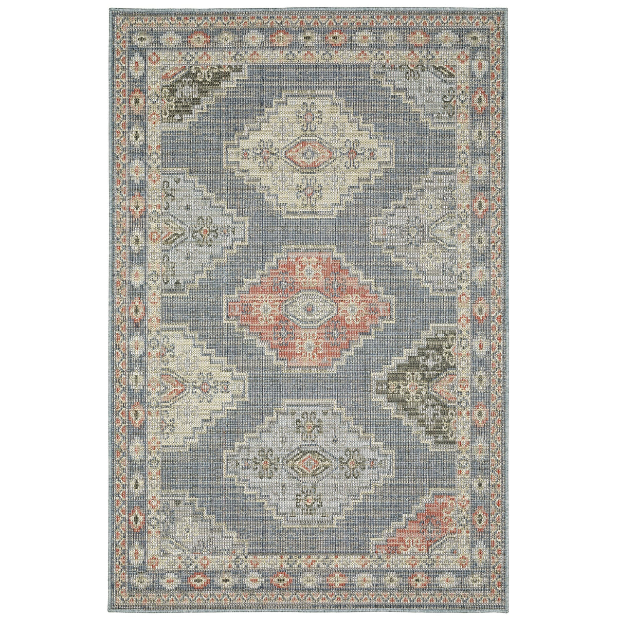 Cyprus Blue & Multi Outdoor Rug with traditional Persian and geometric patterns, made from durable polypropylene.