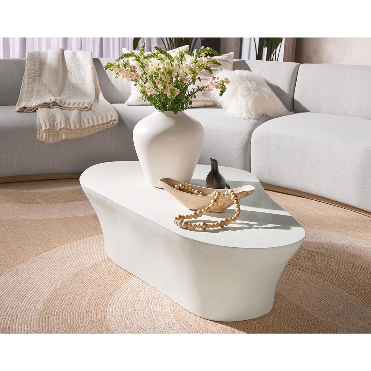 Dali White Concrete Organic Shape Coffee Table - Table Side View | Bone & Brass