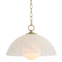 Dariel Glass Pendant: natural brass chain, swirled glass dome, and bottom globe light.