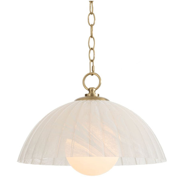 Dariel Glass Pendant: natural brass chain, swirled glass dome, and bottom globe light.