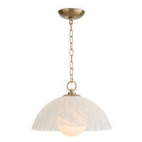 Dariel Glass Pendant: natural brass chain and accents, swirled glass dome shade, 16" wide.