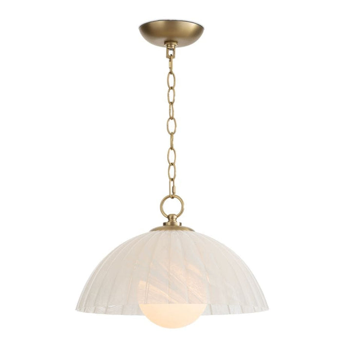 Dariel Glass Pendant: natural brass chain and accents, swirled glass dome shade, 16" wide.
