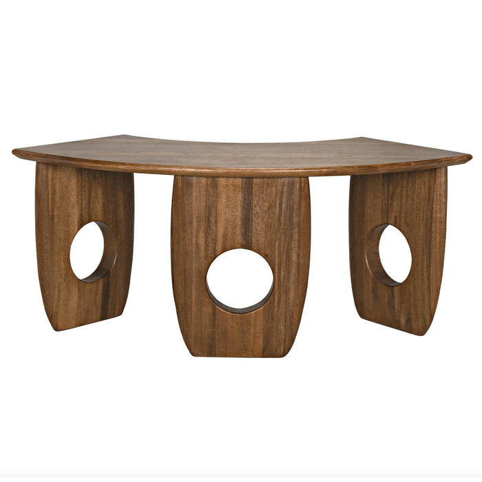 Dark walnut curved office desk with three legs, each featuring a circular cutout.