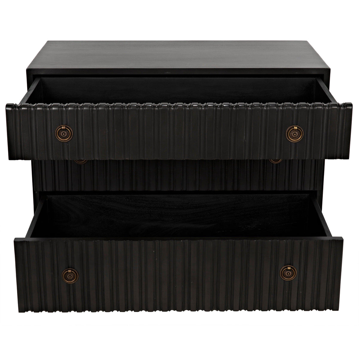 Pale black ribbed mahogany dresser with two open drawers and metal pulls.