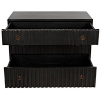 Pale black ribbed mahogany dresser with two open drawers and metal pulls.