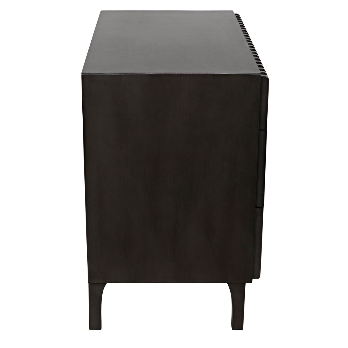Daryl pale black solid mahogany dresser with ribbed carving and metal pulls, side view.