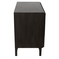 Daryl pale black solid mahogany dresser with ribbed carving and metal pulls, side view.