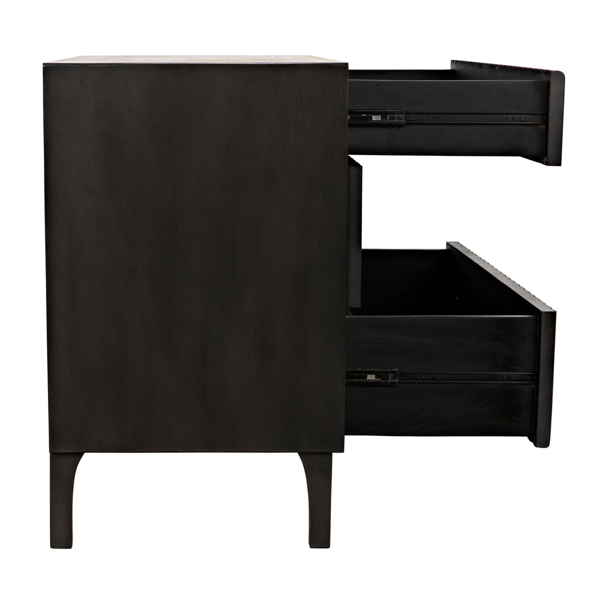 Daryl pale black ribbed mahogany dresser with three open drawers and metal pulls.