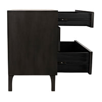 Daryl pale black ribbed mahogany dresser with three open drawers and metal pulls.