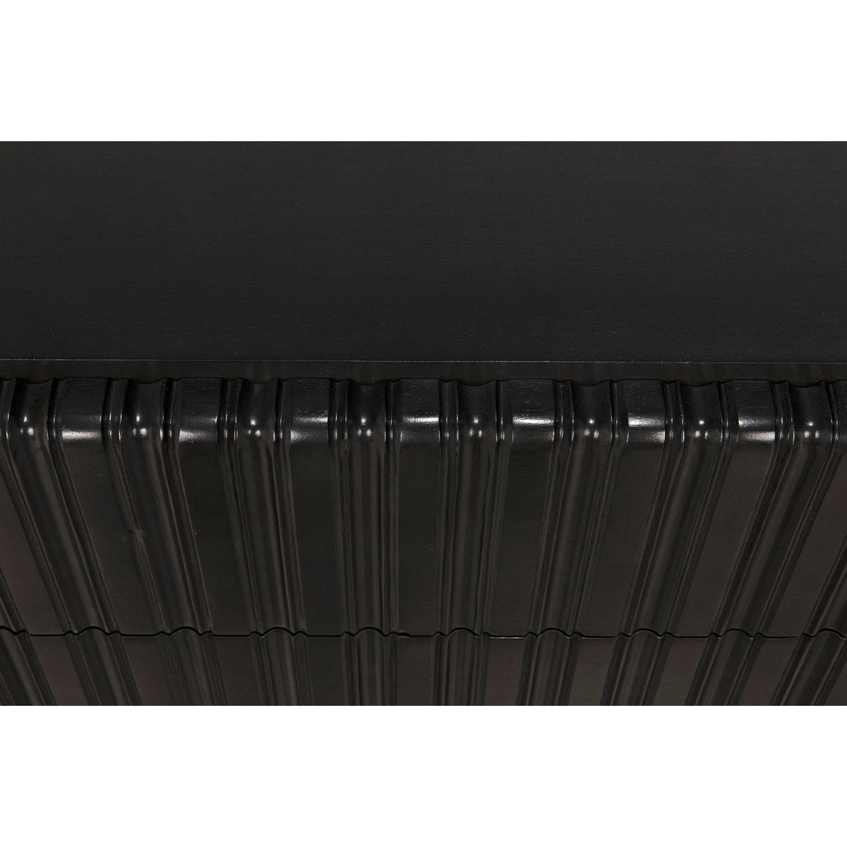 Daryl pale black ribbed mahogany dresser with three drawers and metal pulls.
