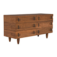 David Sideboard in dark walnut, featuring three rows of two drawers with black metal pulls and tapered legs.
