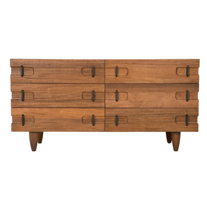 David Sideboard in dark walnut, featuring six drawers with integrated pulls and tapered legs.
