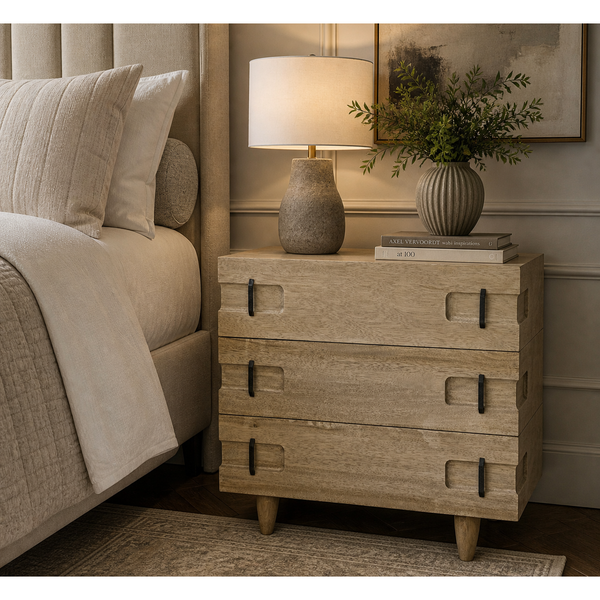 David Walnut Side Table in Washed Walnut, a rustic three-drawer chest with black metal pulls and tapered legs.