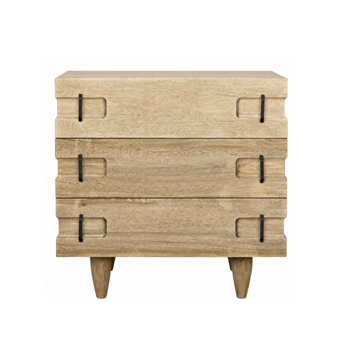 Washed walnut side table chest with three drawers and black metal pulls, on tapered legs.