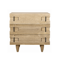 Washed walnut side table chest with three drawers and black metal pulls, on tapered legs.