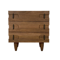 David Dark Walnut side table chest with three drawers and black metal pulls on tapered legs.