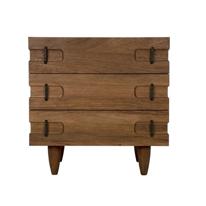 David Dark Walnut side table chest with three drawers and black metal pulls on tapered legs.