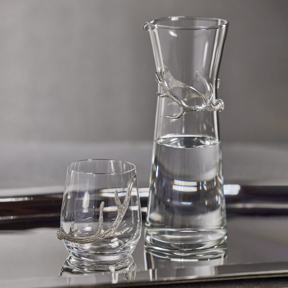 Davos Glass Carafe Pewter Antler - Carafe Side View | Bone & Brass