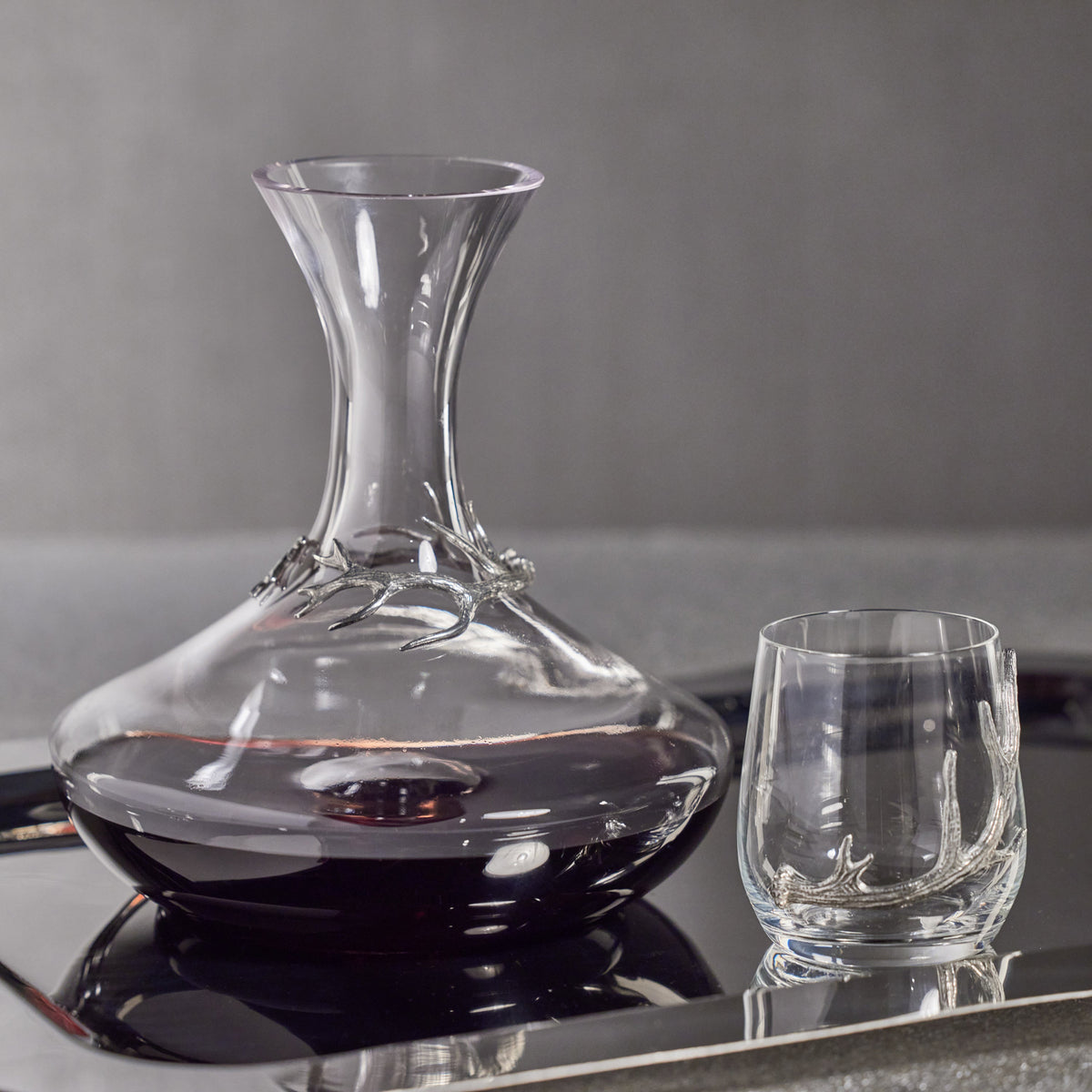 Davos Glass Wine Decanter Pewter Antler - Decanter Side View | Bone & Brass