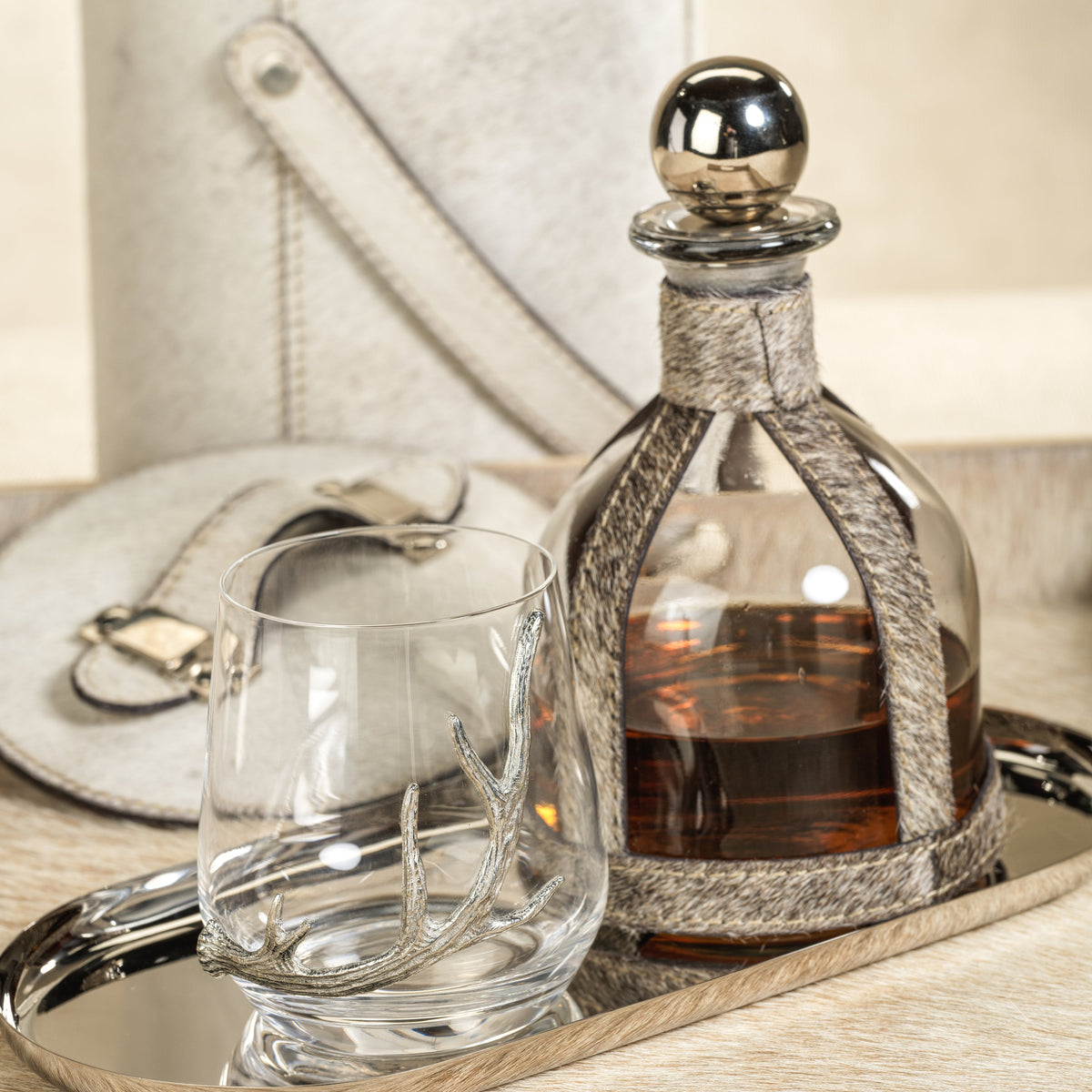 Davos Stemless Glasses Pewter Antler, Set 2 - Glass Side View | Bone & Brass
