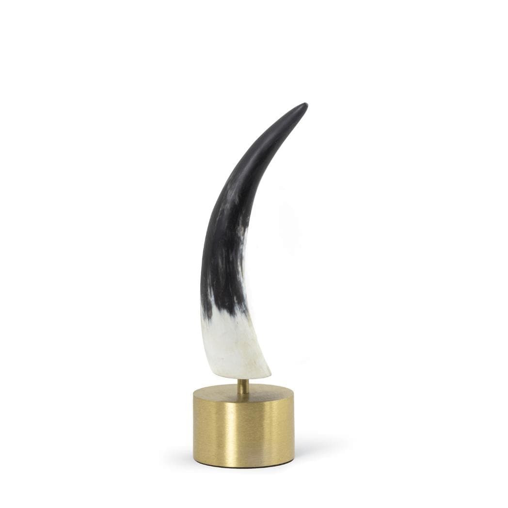 Daylon Small Horn sculpture with matte black and white natural horn on a round brass base.