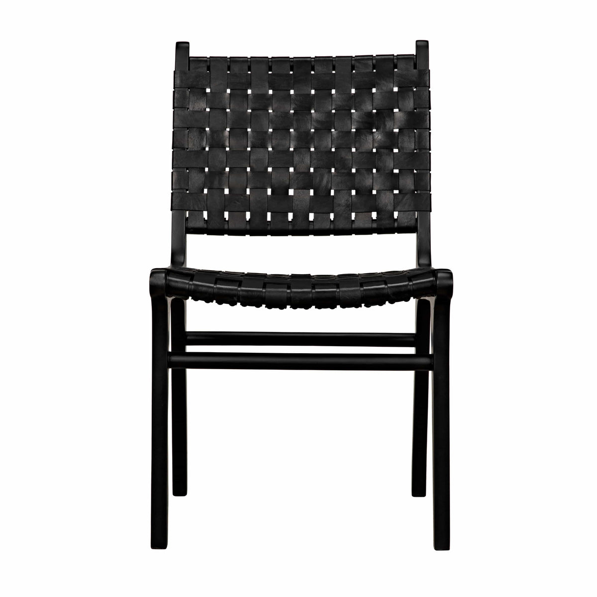 Dede Black Leather Dining Chair with handwoven leather seat and back, supported by slim teak legs.