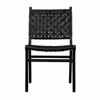 Dede Black Leather Dining Chair with handwoven leather seat and back, supported by slim teak legs.