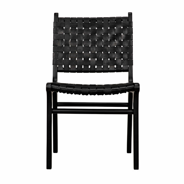 Dede Black Leather Dining Chair with handwoven leather seat and back, supported by slim teak legs.
