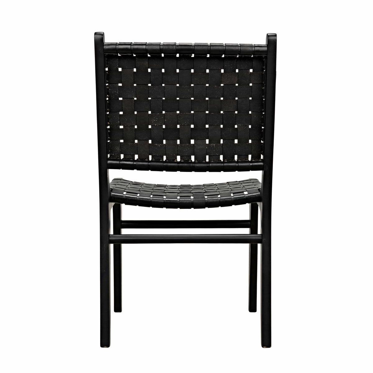 Dede Black Leather Dining Chair with handwoven leather seat and back on slim teak legs.