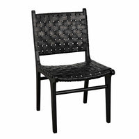 Dede Black Leather Dining Chair with handwoven leather seat and back, supported by slim teak legs.