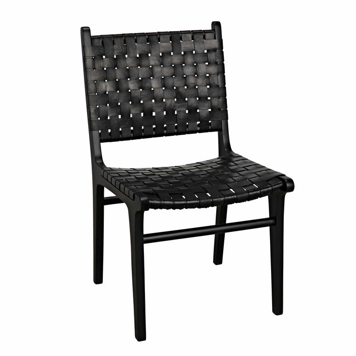 Dede Black Leather Dining Chair with handwoven leather seat and back, supported by slim teak legs.