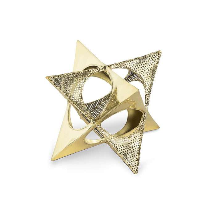 Brass-finished iron Delta Star Accessory, a decorative geometric star with solid and perforated triangular facets.