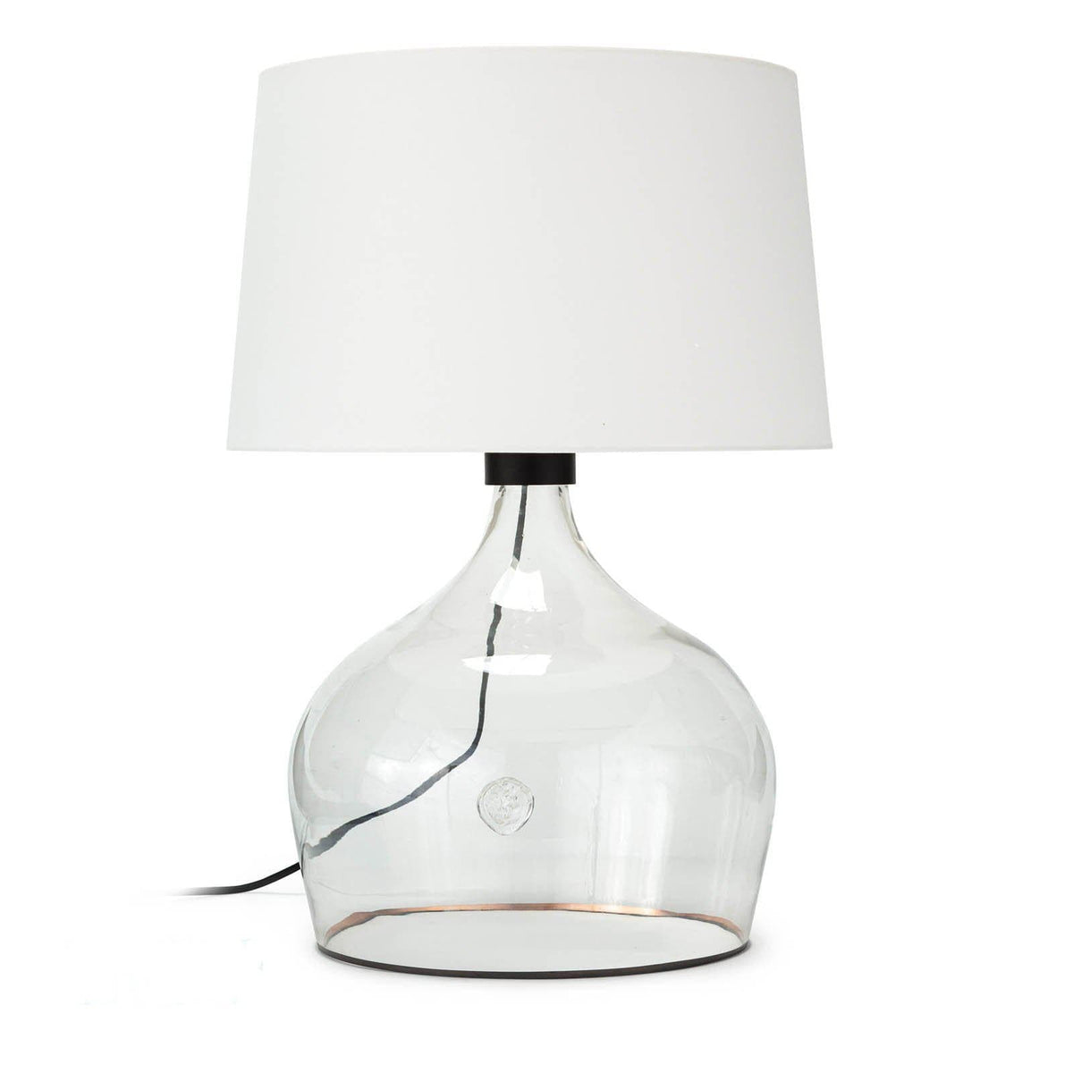 Large Demi John table lamp with clear glass vessel base, white linen shade, and copper stripe.