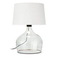 Large Demi John table lamp with clear glass vessel base, white linen shade, and copper stripe.