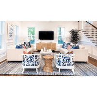 Denim cotton hand-woven rug with blue and white stripes in a coastal living room.