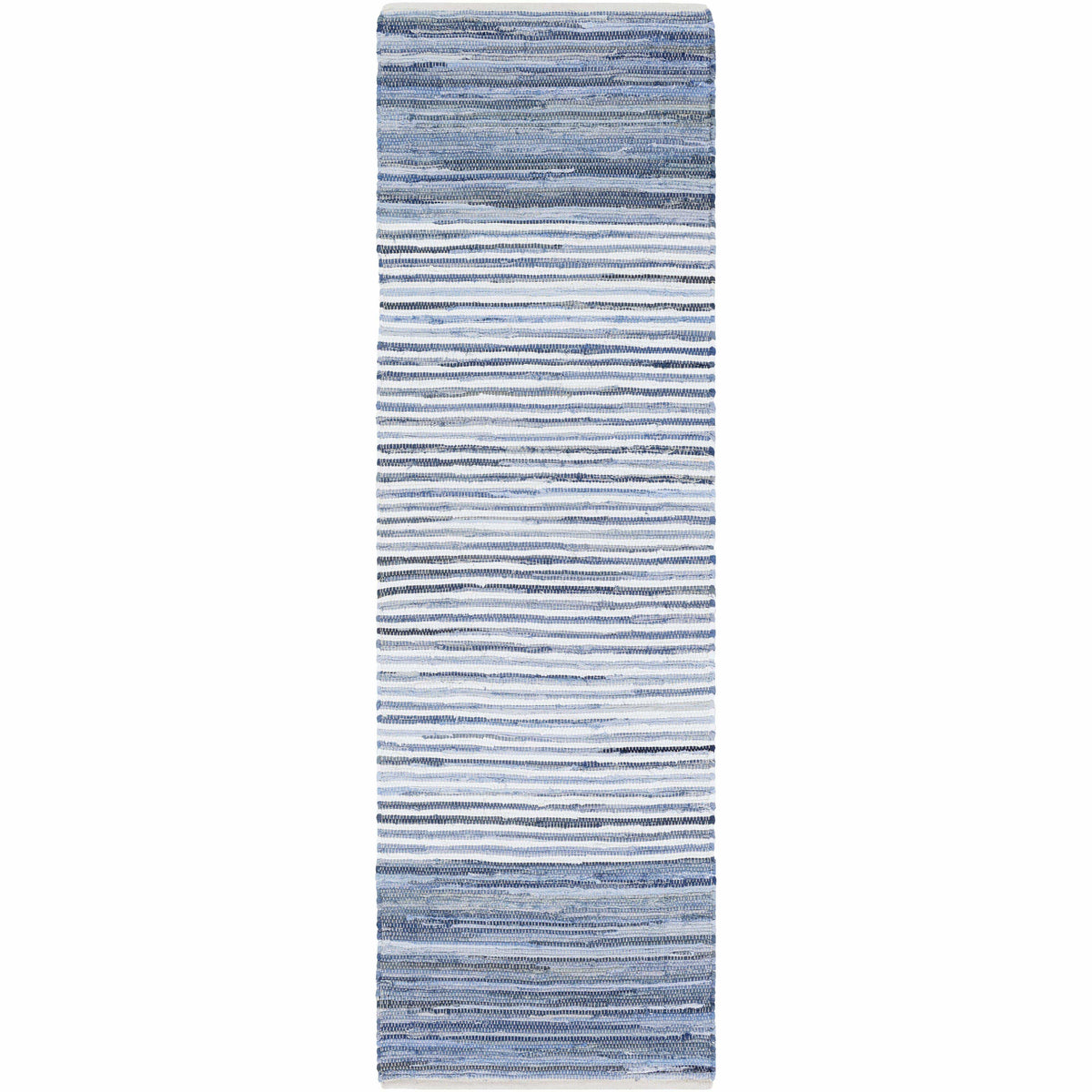 Hand-woven denim cotton rug with blue and navy horizontal stripes.