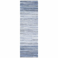 Hand-woven denim cotton rug with blue and navy horizontal stripes.