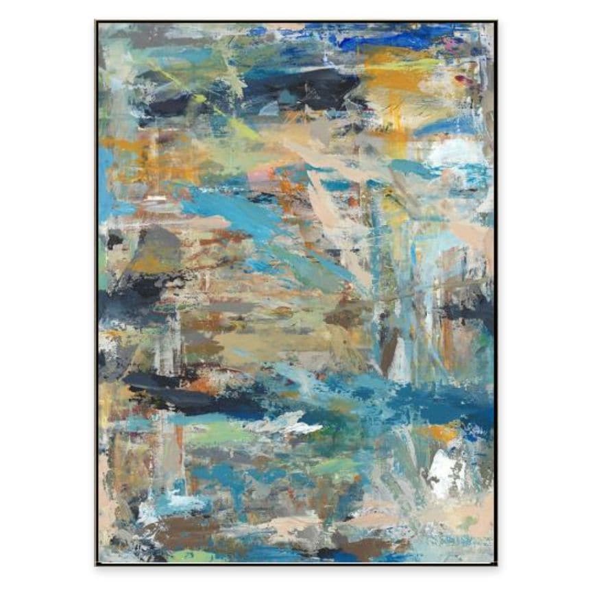 Abstract giclee painting by Richard Ryder with layered blues, oranges, and neutrals, featuring a hand-applied gel texture.