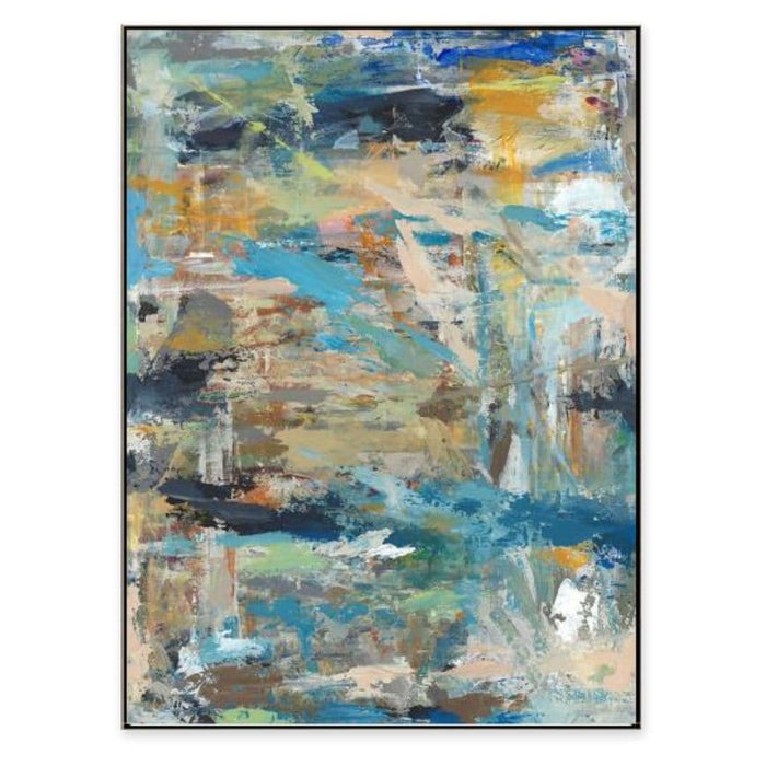 Abstract giclee painting by Richard Ryder with layered blues, oranges, and neutrals, featuring a hand-applied gel texture.