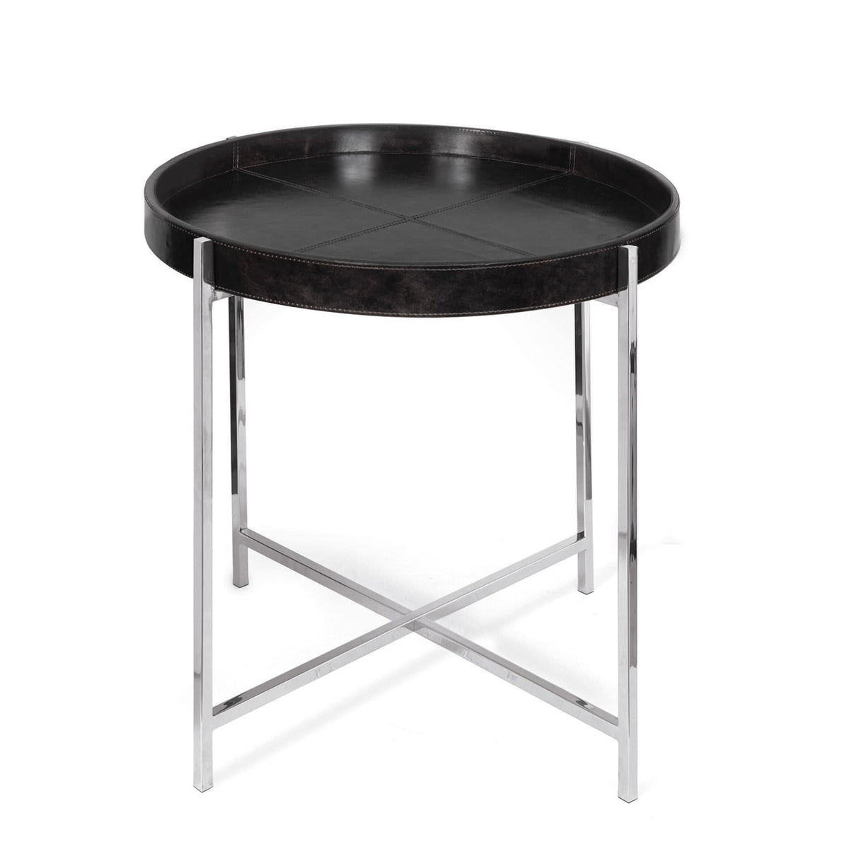 Derby Black Leather Tray End Table with polished nickel frame and minimalist design.
