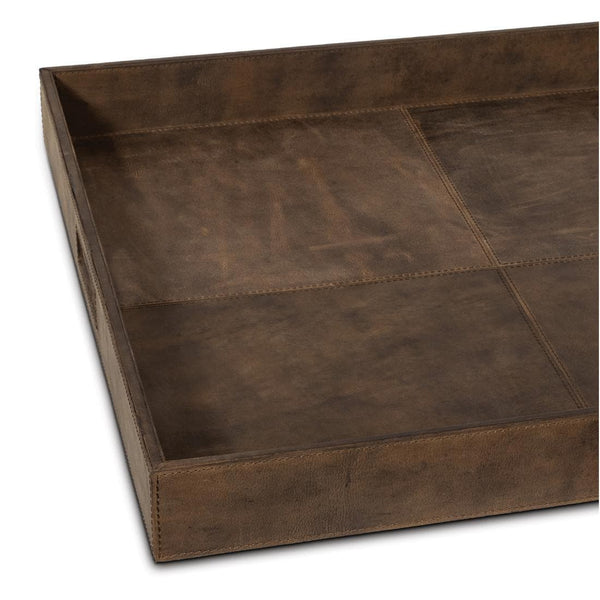Derby brown square genuine leather tray with stitched panels and built-in handles.