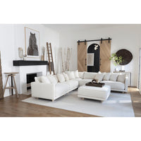 Derby Brown Square Leather Tray on a white ottoman in a modern living room.