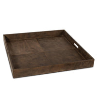 Derby brown square genuine leather tray with stitched panels and built-in handles.