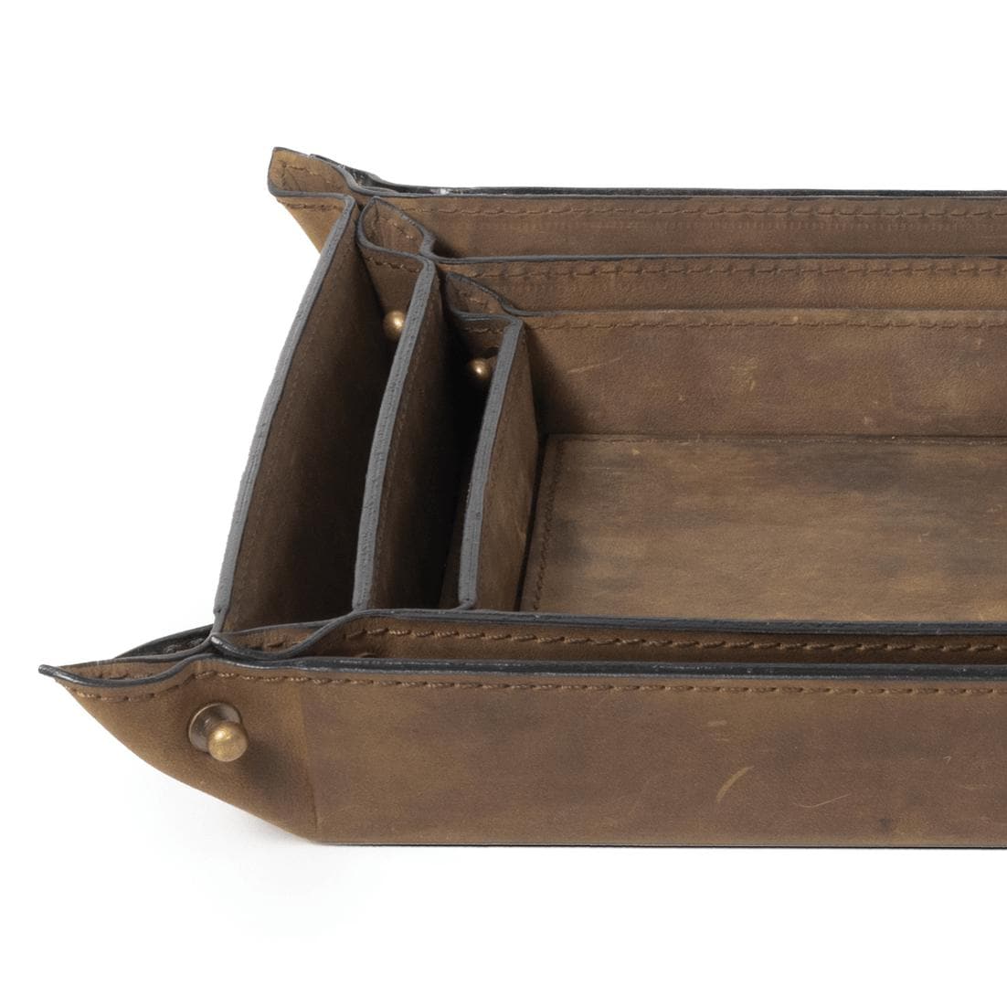 Derby brown genuine leather nesting tray set with brass snaps, modern traditional style.