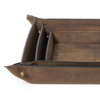 Derby brown genuine leather nesting tray set with brass snaps, modern traditional style.